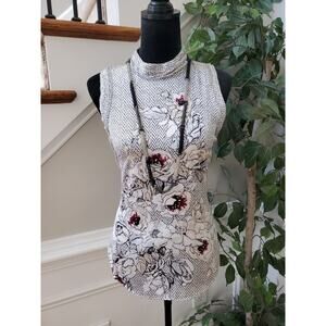 White House Black Market Women White Floral Turtle Neck Sleeveless Top Blouse XS